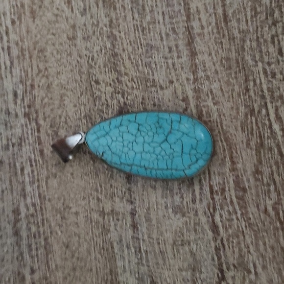 Turquoise spiderweb wrapped in silver teardrop pendant - Picture 1 of 3